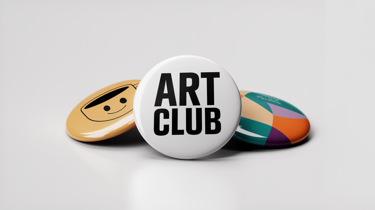 A professional mockup of three circular button badges on a white background. One badge says "ART CLUB", another has a graphic of a smiling coffee cup, and the third has a colorful abstract design.
