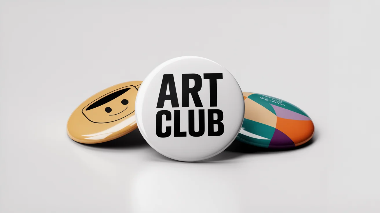 A professional mockup of three circular button badges on a white background. One badge says "ART CLUB", another has a graphic of a smiling coffee cup, and the third has a colorful abstract design.