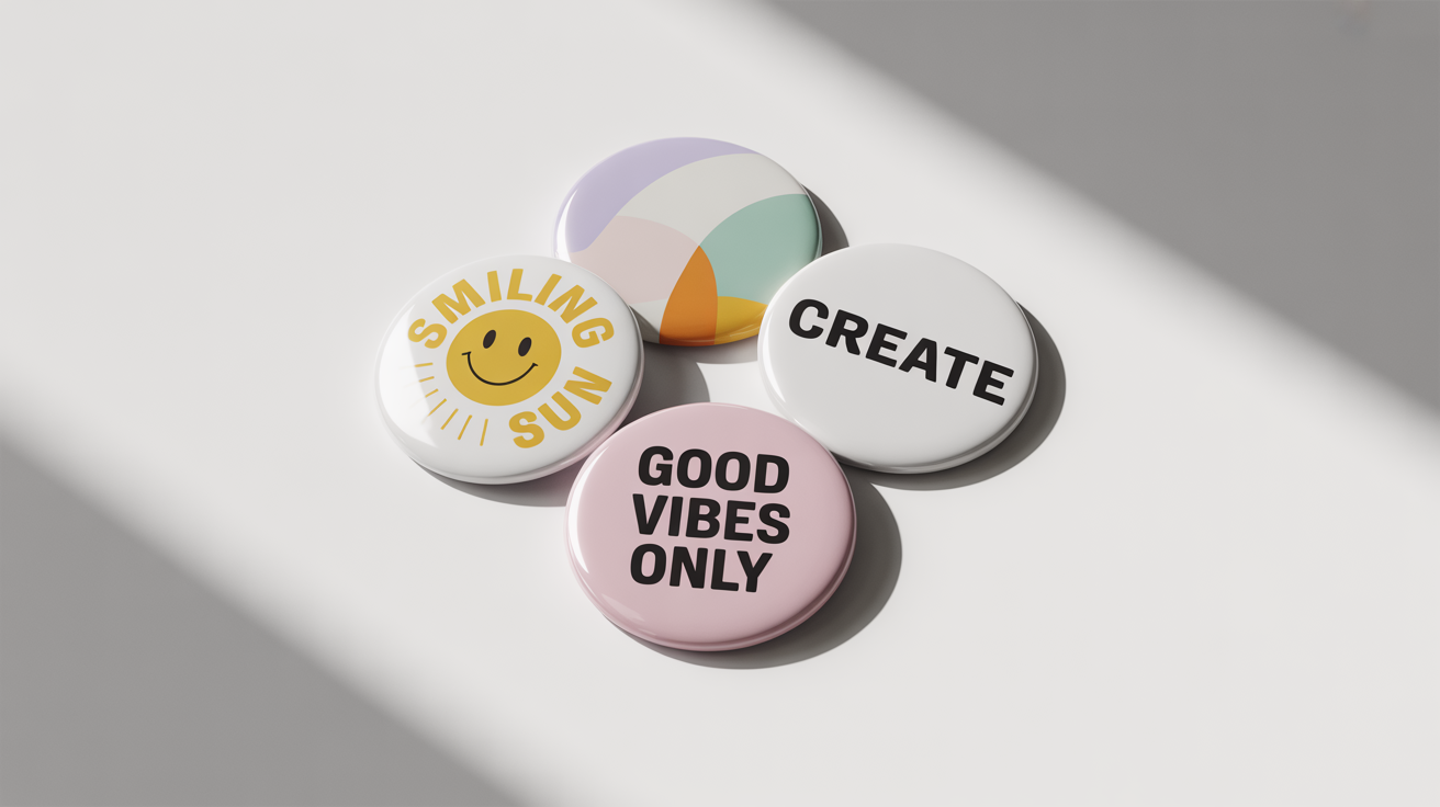 A photorealistic mockup of four colorful, round button badges with various modern designs and text, including 'CREATE' and 'Good Vibes Only', arranged on a clean white background.