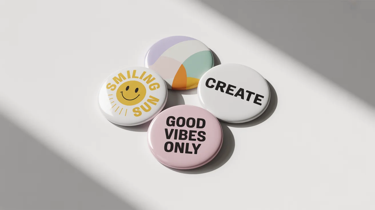 A photorealistic mockup of four colorful, round button badges with various modern designs and text, including 'CREATE' and 'Good Vibes Only', arranged on a clean white background.