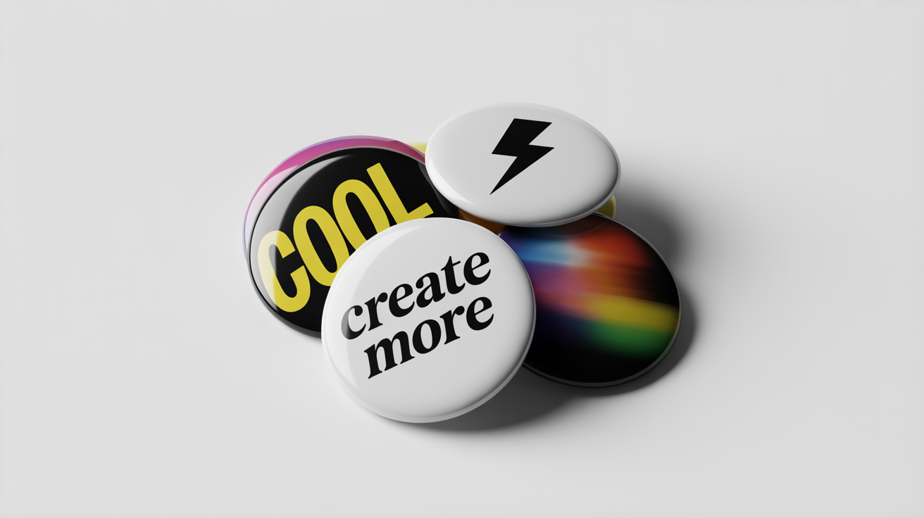A photorealistic mockup of four colorful, glossy button badges on a white background, featuring designs with text like 'COOL' and 'CREATE MORE' and graphic icons.
