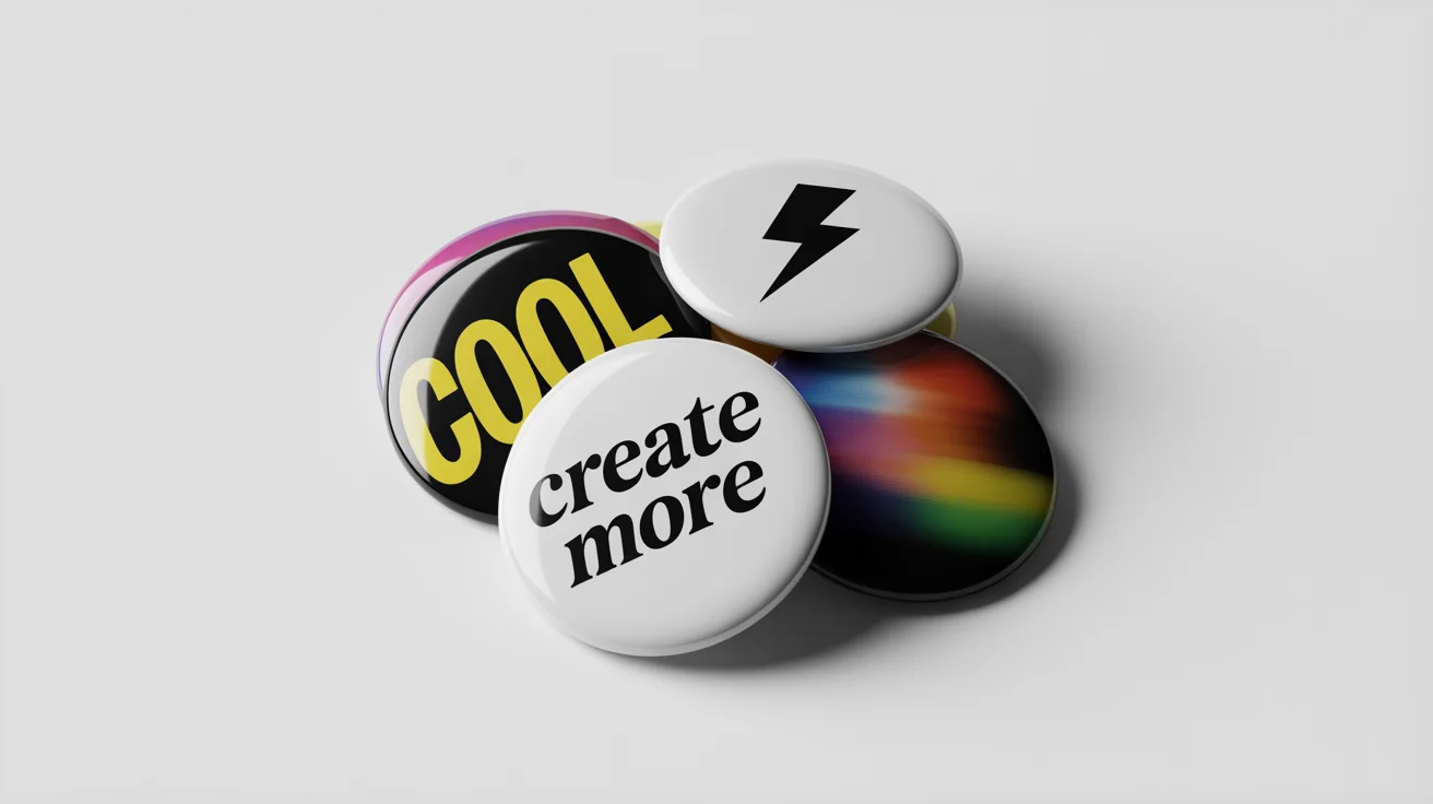 A photorealistic mockup of four colorful, glossy button badges on a white background, featuring designs with text like 'COOL' and 'CREATE MORE' and graphic icons.