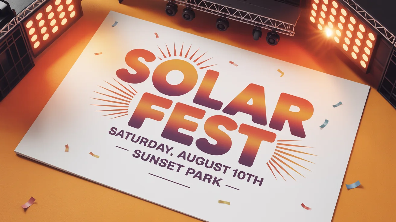 A colorful and modern party flyer for an event called 'SOLAR FEST', displayed on a clean white background. The design features bold text and a warm color scheme of orange, yellow, and purple.
