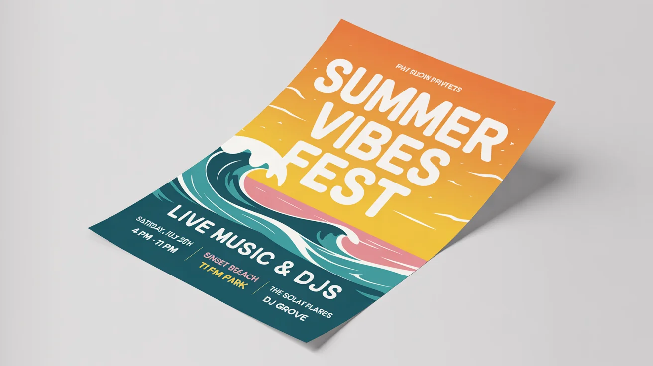 A mockup of a colorful party flyer for a 'Summer Vibes Fest', featuring a sunset design and event details, displayed on a plain white background.