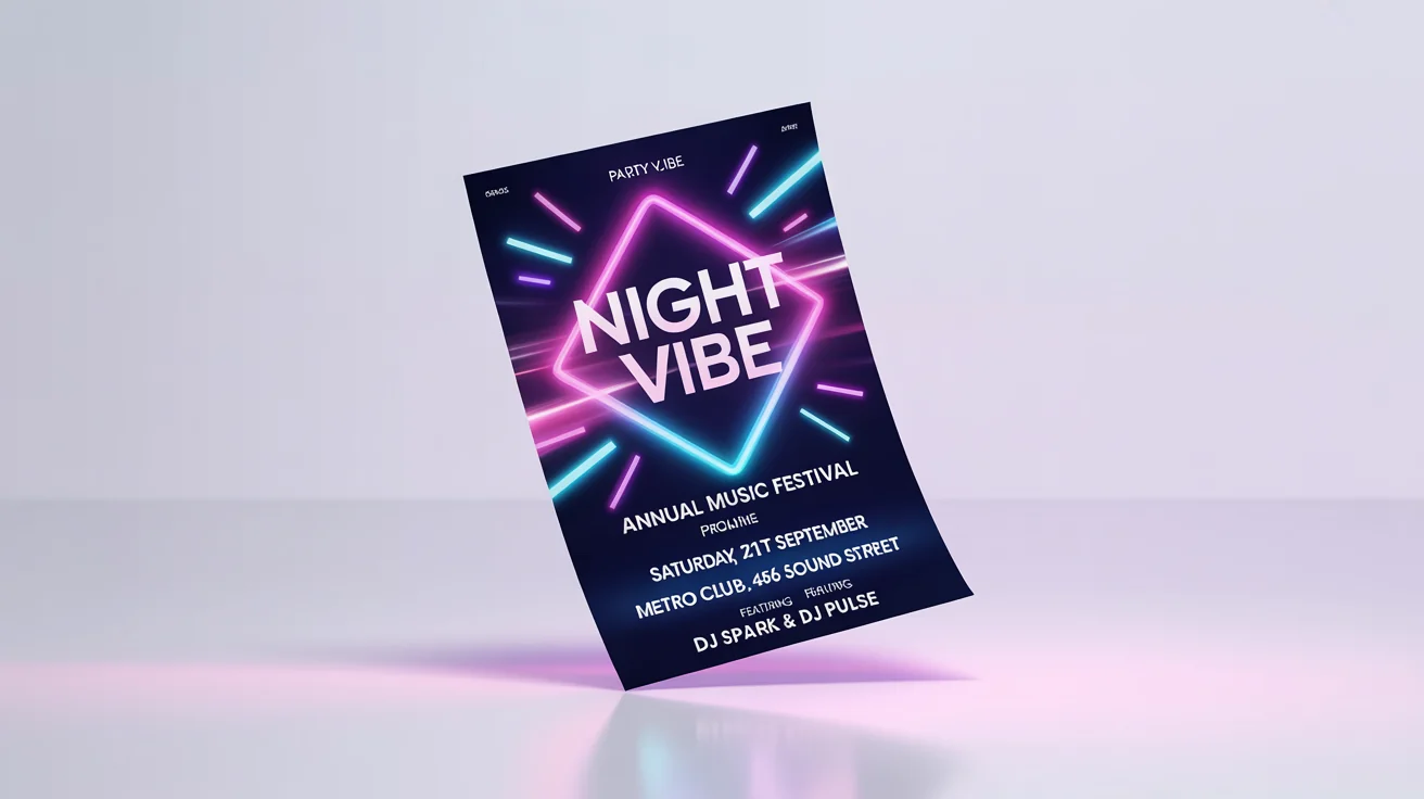 A modern and vibrant party flyer mockup for a 'Night Vibe' music festival, featuring neon graphics and futuristic text, displayed on a clean white background.