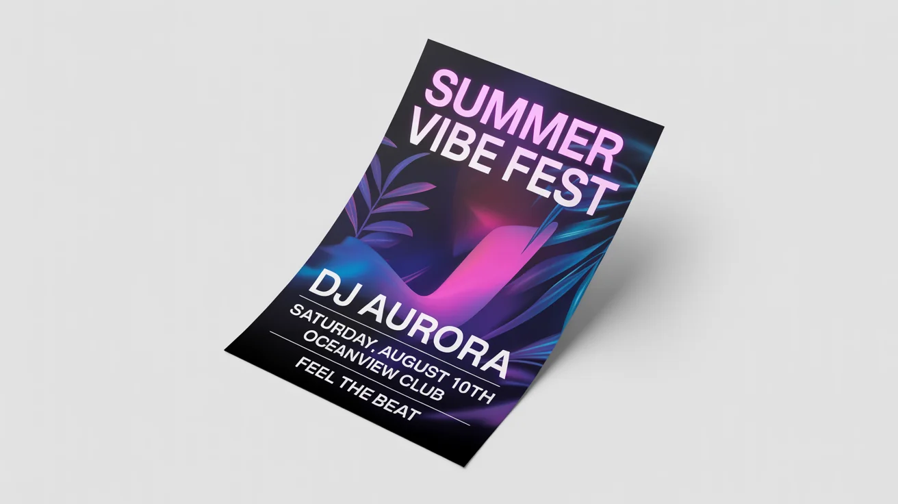 A stylish mockup of a party flyer for 'SUMMER VIBE FEST' with 'DJ AURORA', set against a white background.