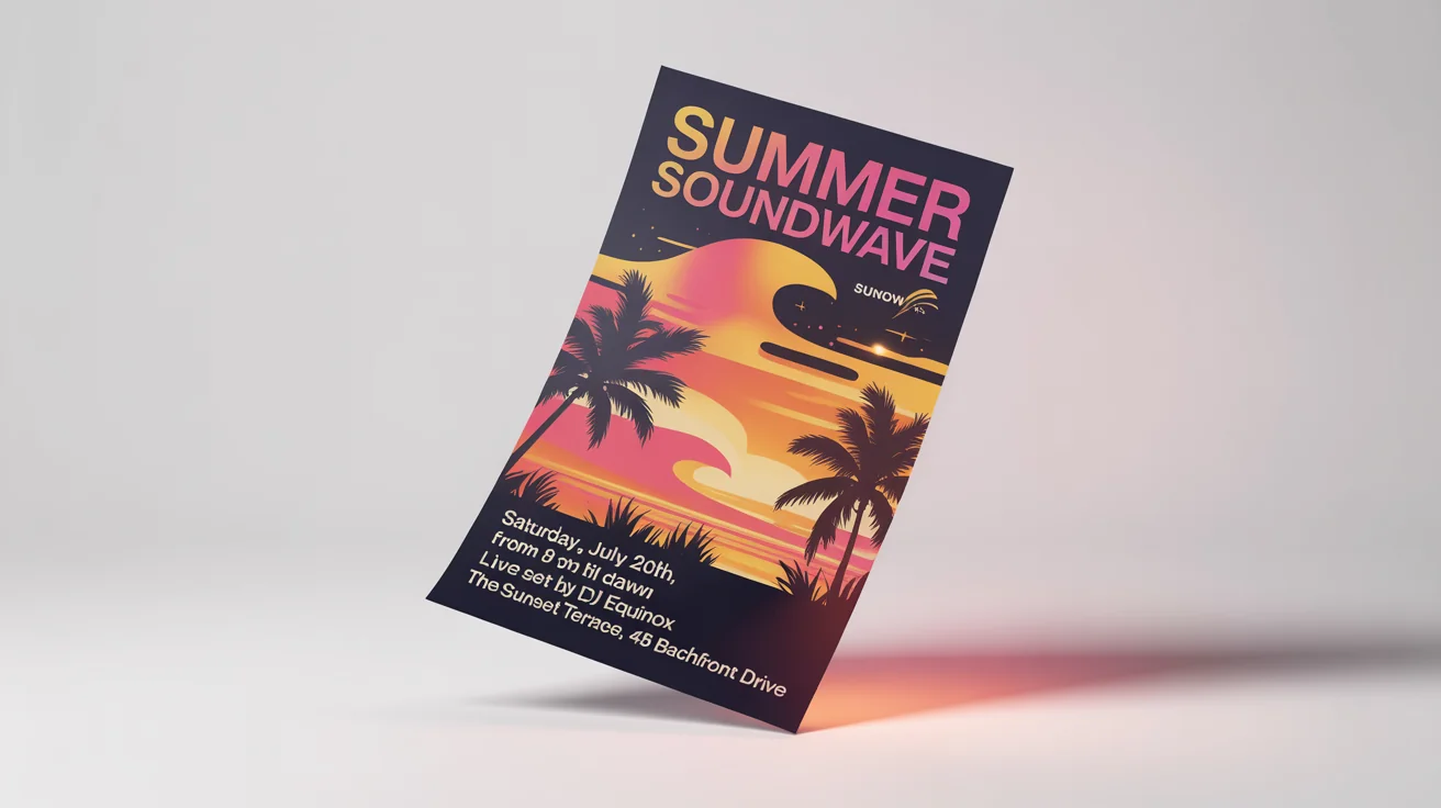 A mockup of a professionally designed party flyer for a 'Summer Soundwave' event, shown against a clean white background. The flyer has a colorful sunset theme with palm trees and bold text.