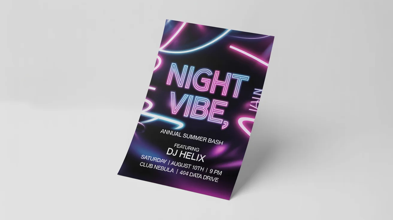 A mockup of a vibrant and modern party flyer for an event called 'NIGHT VIBE', set against a plain white background.