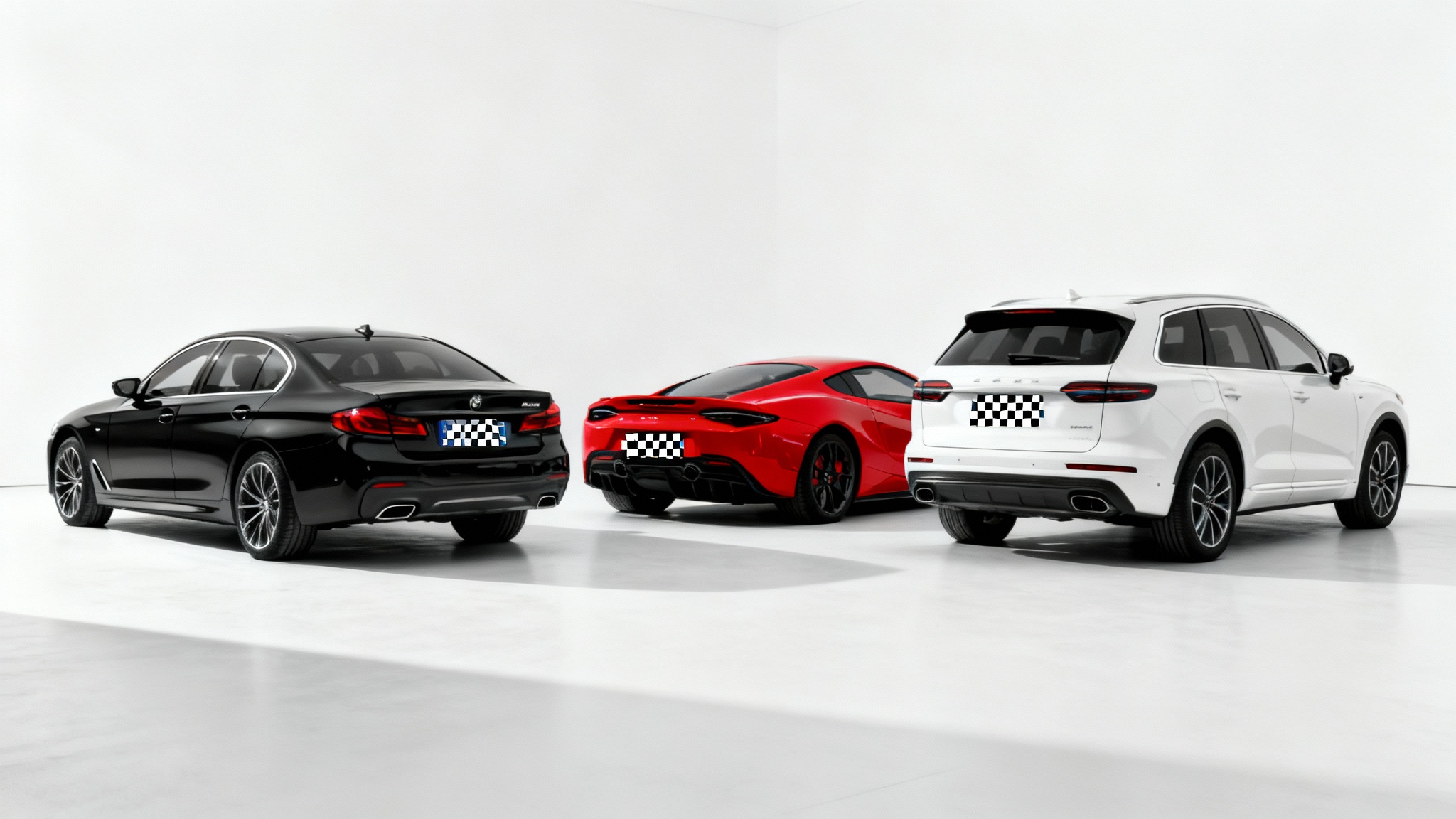 A photograph showing the back of three different cars against a white background, with each car's license plate digitally pixelated and blurred for privacy.