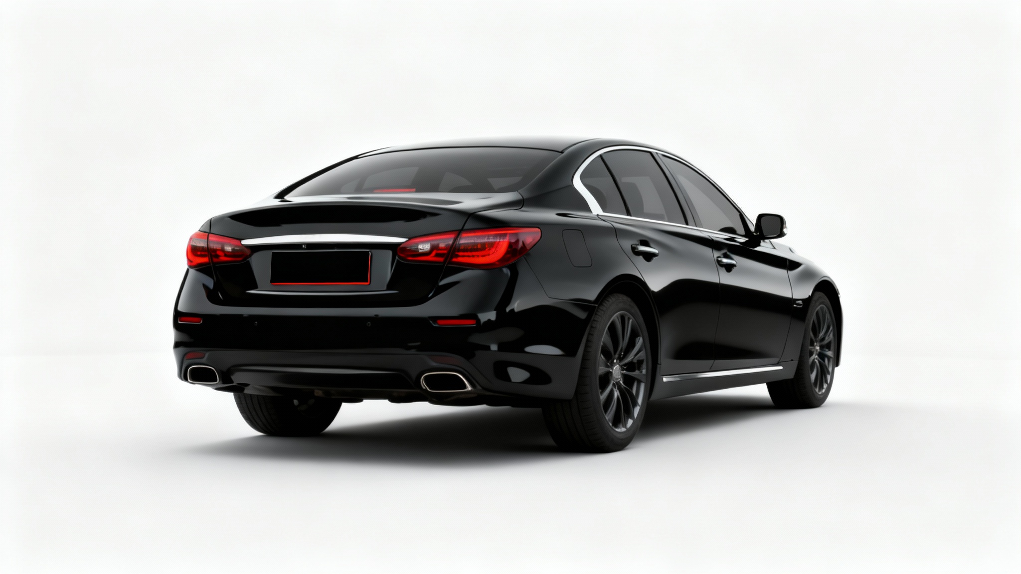 A photograph of the back of a black car in a studio setting with a white background, where the license plate is completely redacted with a black bar.