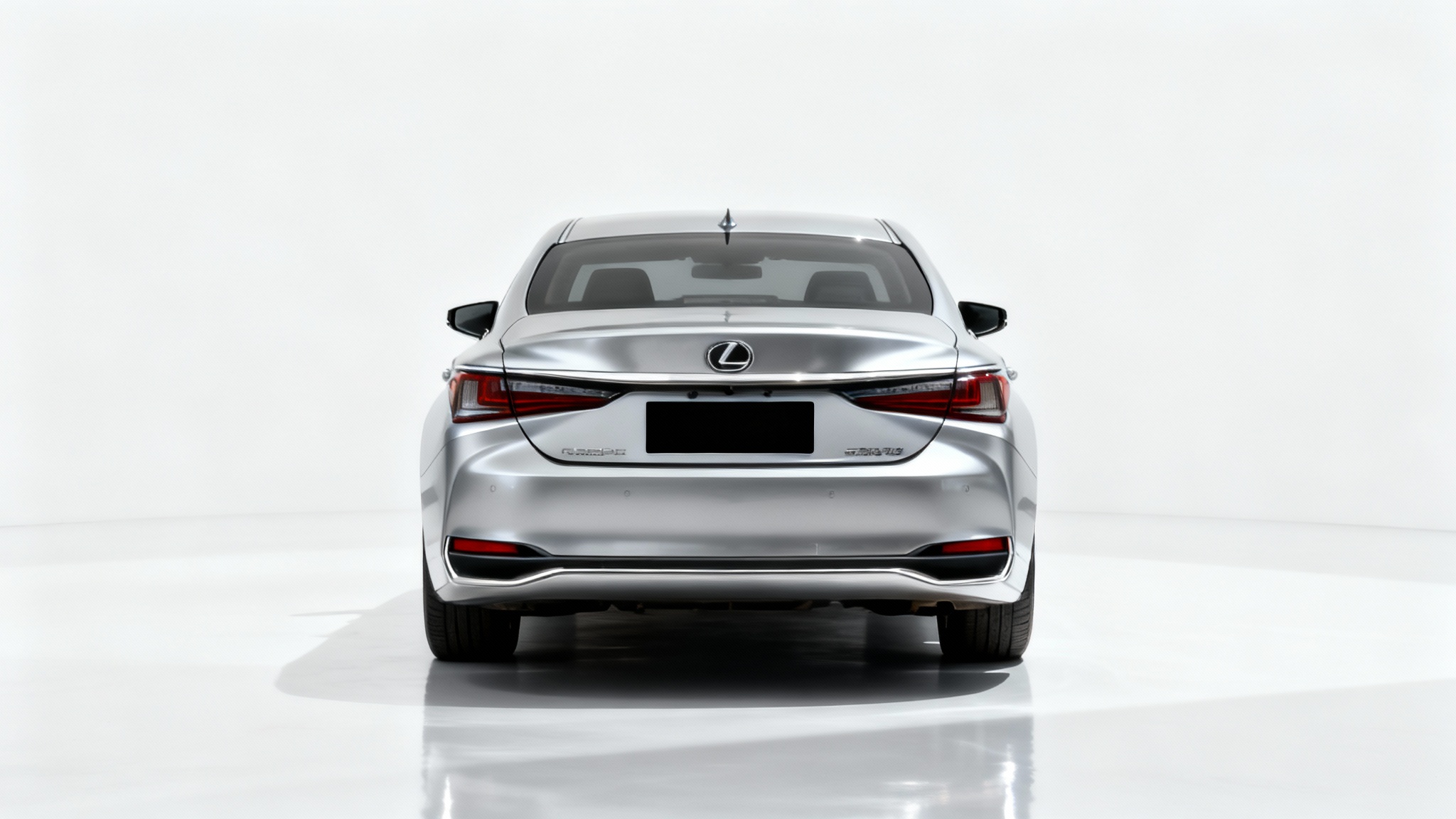 A photorealistic image of the back of a silver car on a white background, with its license plate censored by a solid black bar.