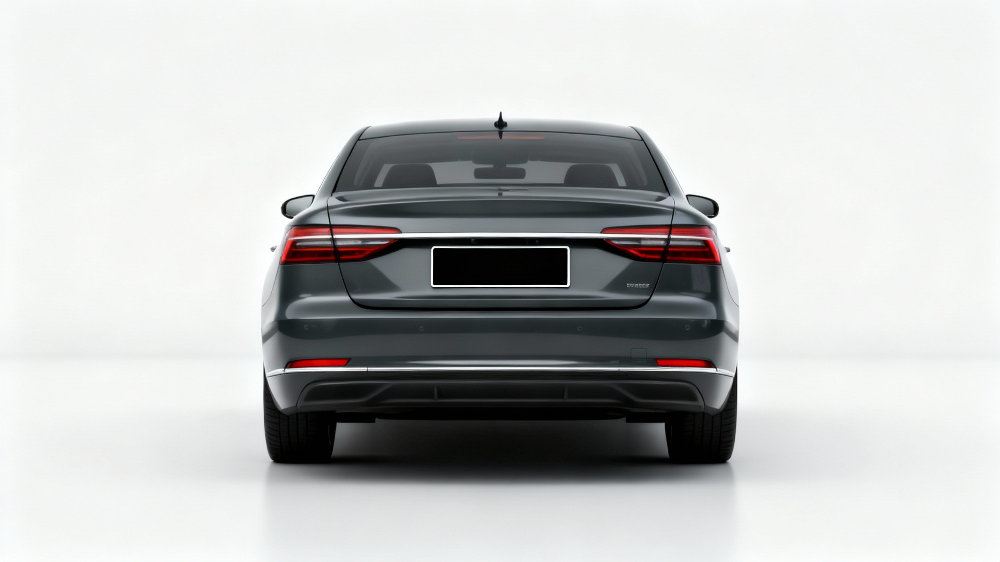 Rear view of a modern car on a white background, with its license plate completely blacked out by a redaction bar to illustrate privacy.