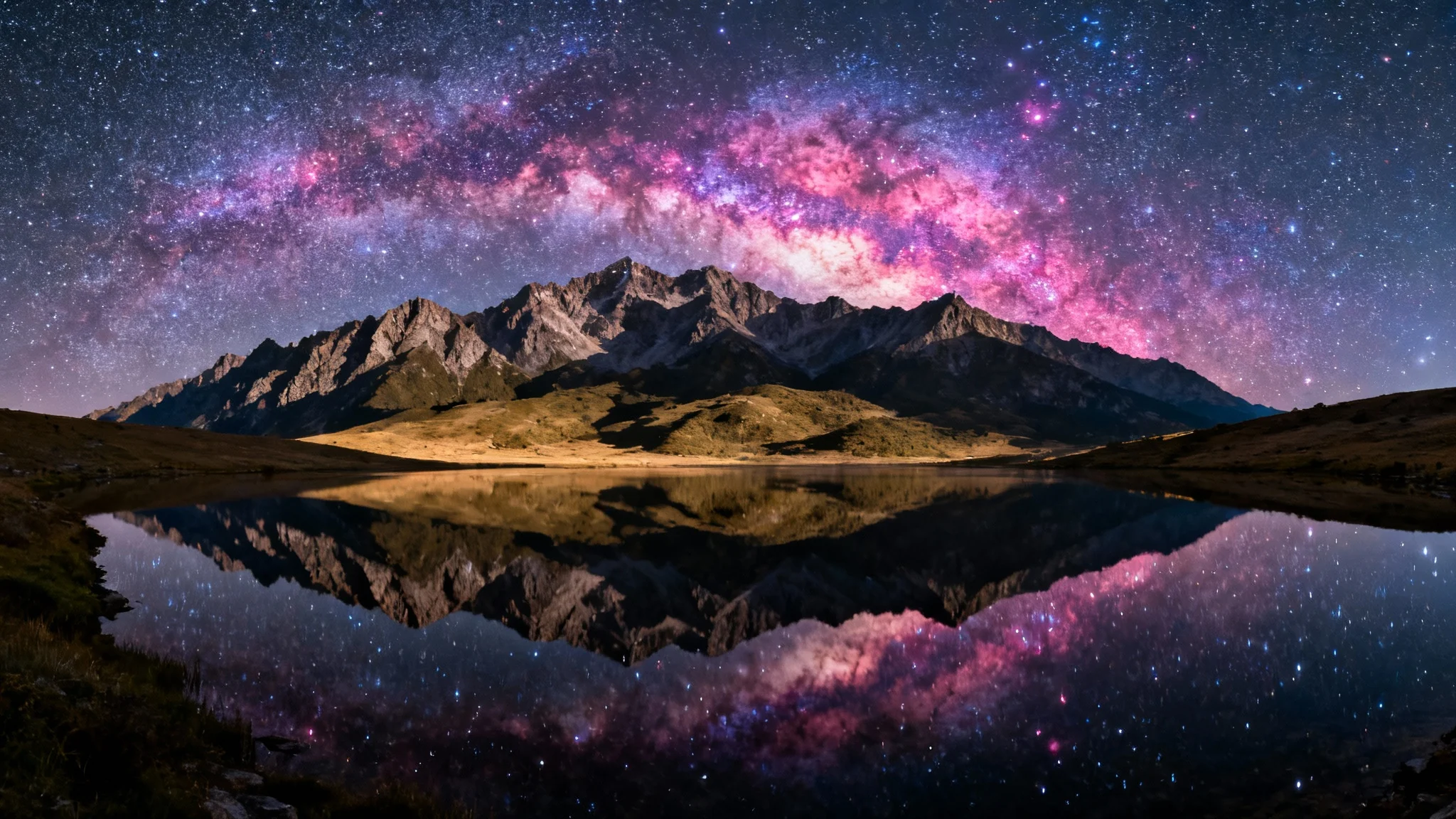 A beautifully enhanced night photograph showing the vibrant Milky Way and a sky full of stars above a mountain range and a reflective lake, demonstrating the quality of a photo enhancer.