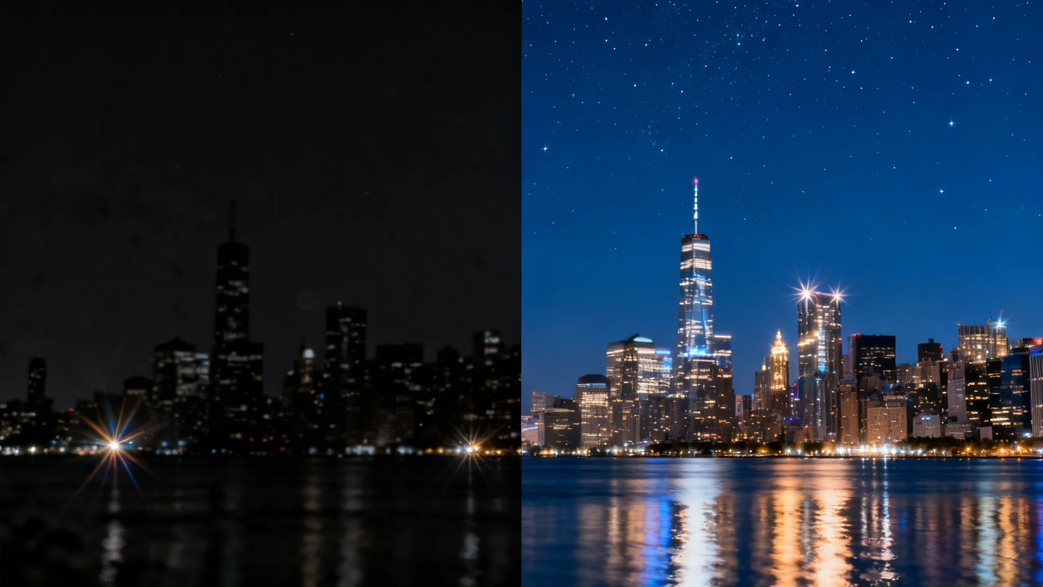 A split-screen 'before and after' image of a city skyline at night. The 'before' side is dark, blurry, and grainy. The 'after' side is clear, vibrant, and detailed, showing the full beauty of the illuminated city.