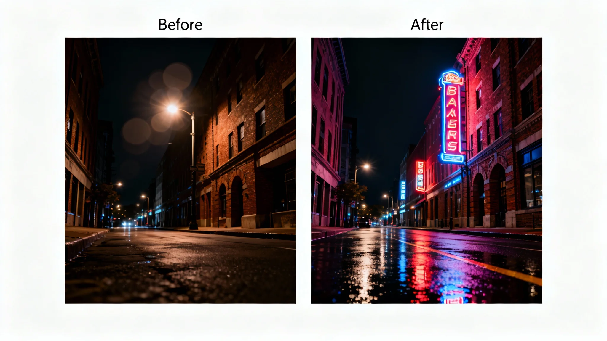 A split-screen comparison showing the effect of a night photo enhancer. The 'before' image is a dark, blurry city street at night. The 'after' image is the same scene but is now sharp, vibrant, and crystal clear.