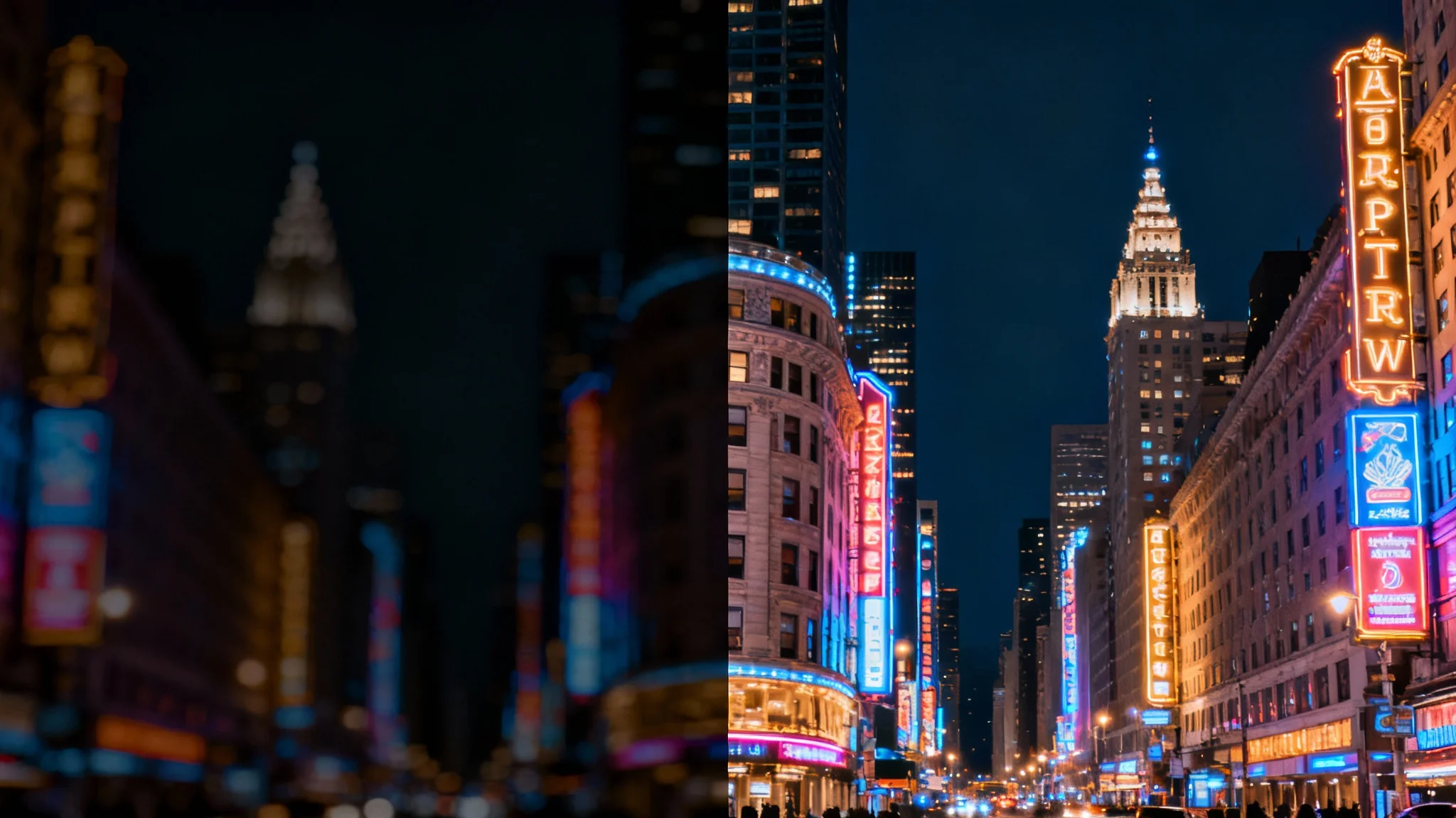 A split-screen comparison image demonstrating a night photo enhancer. The left side shows a dark, grainy photo of a city at night, while the right side shows the same photo as clear, vibrant, and detailed.