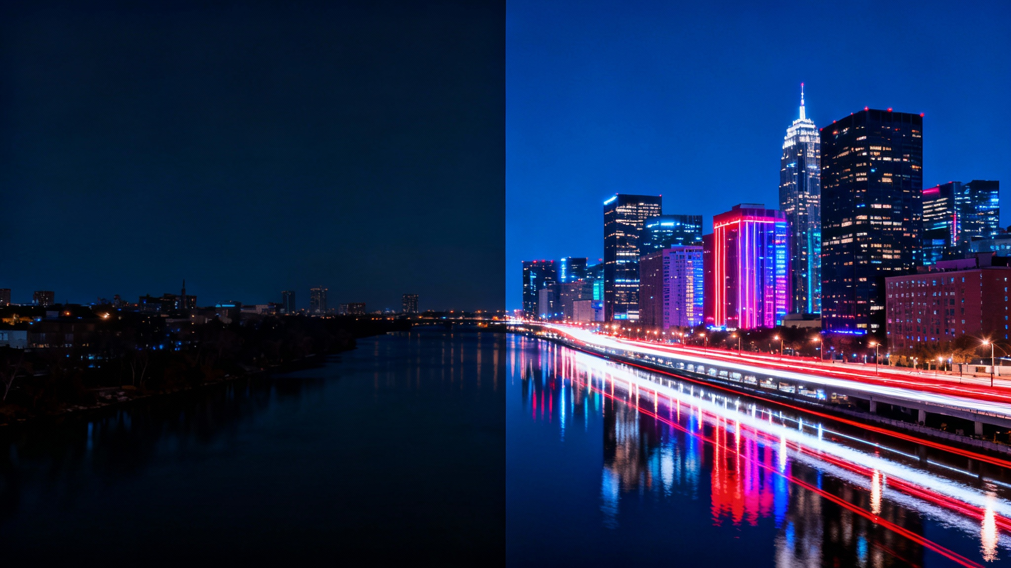 A split-screen image demonstrating a night photo enhancer. The 'before' side is dark and blurry, while the 'after' side shows the same city scene as a vibrant, sharp, and crystal-clear night photograph.