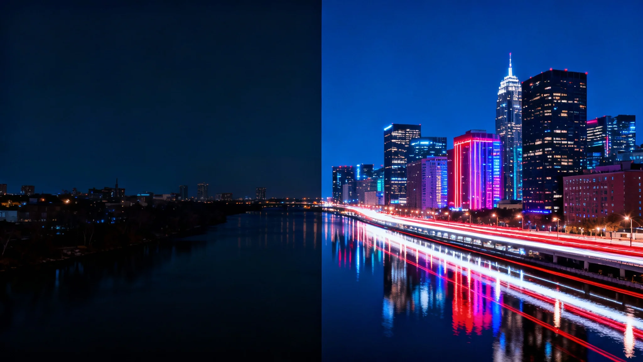 A split-screen image demonstrating a night photo enhancer. The 'before' side is dark and blurry, while the 'after' side shows the same city scene as a vibrant, sharp, and crystal-clear night photograph.