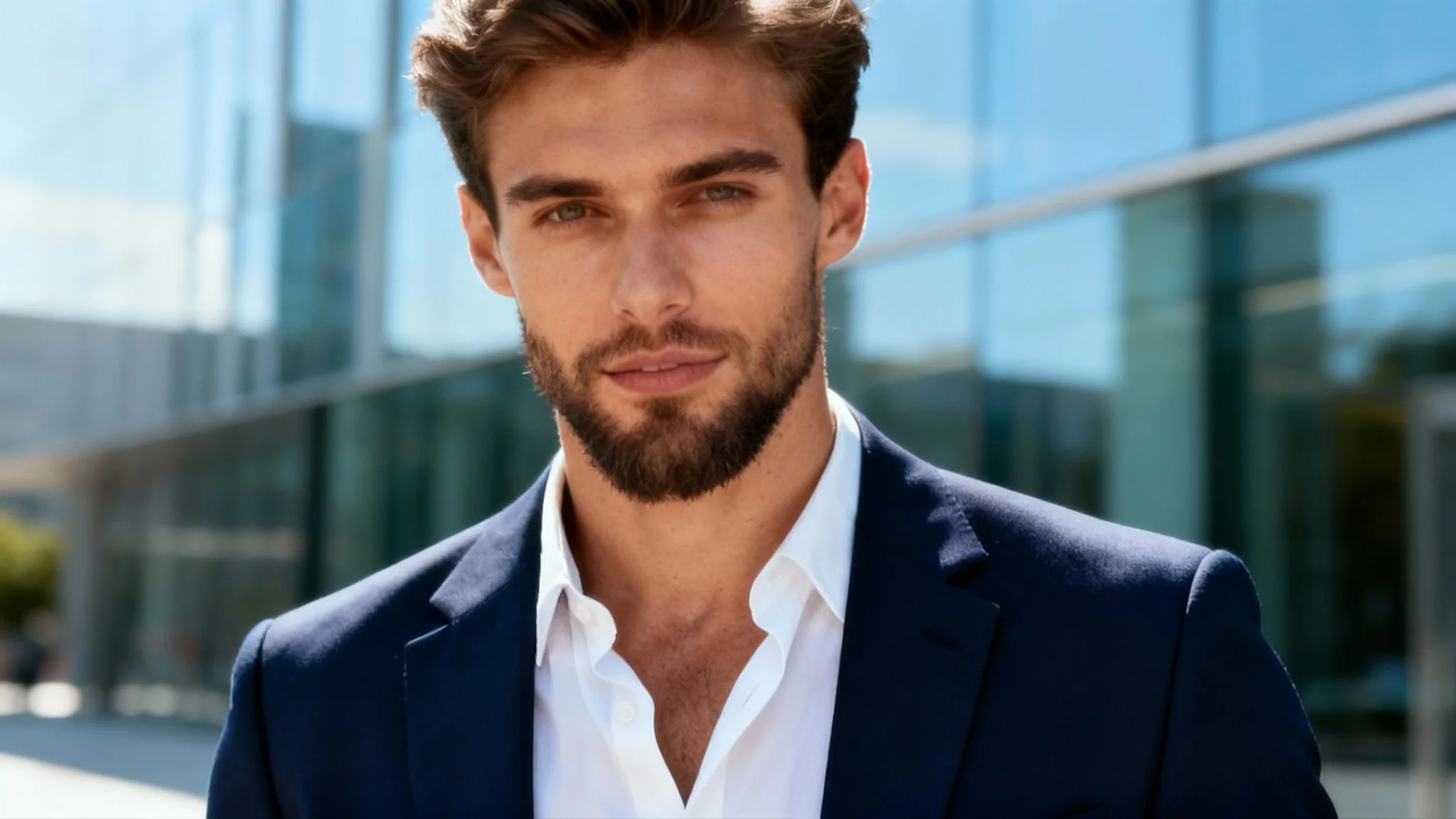 An eye-catching hero image demonstrating a 'masculinize face' tool. It shows a man with an extremely sharp jawline and heavy stubble, looking confidently in a modern urban setting, representing the final enhanced result.