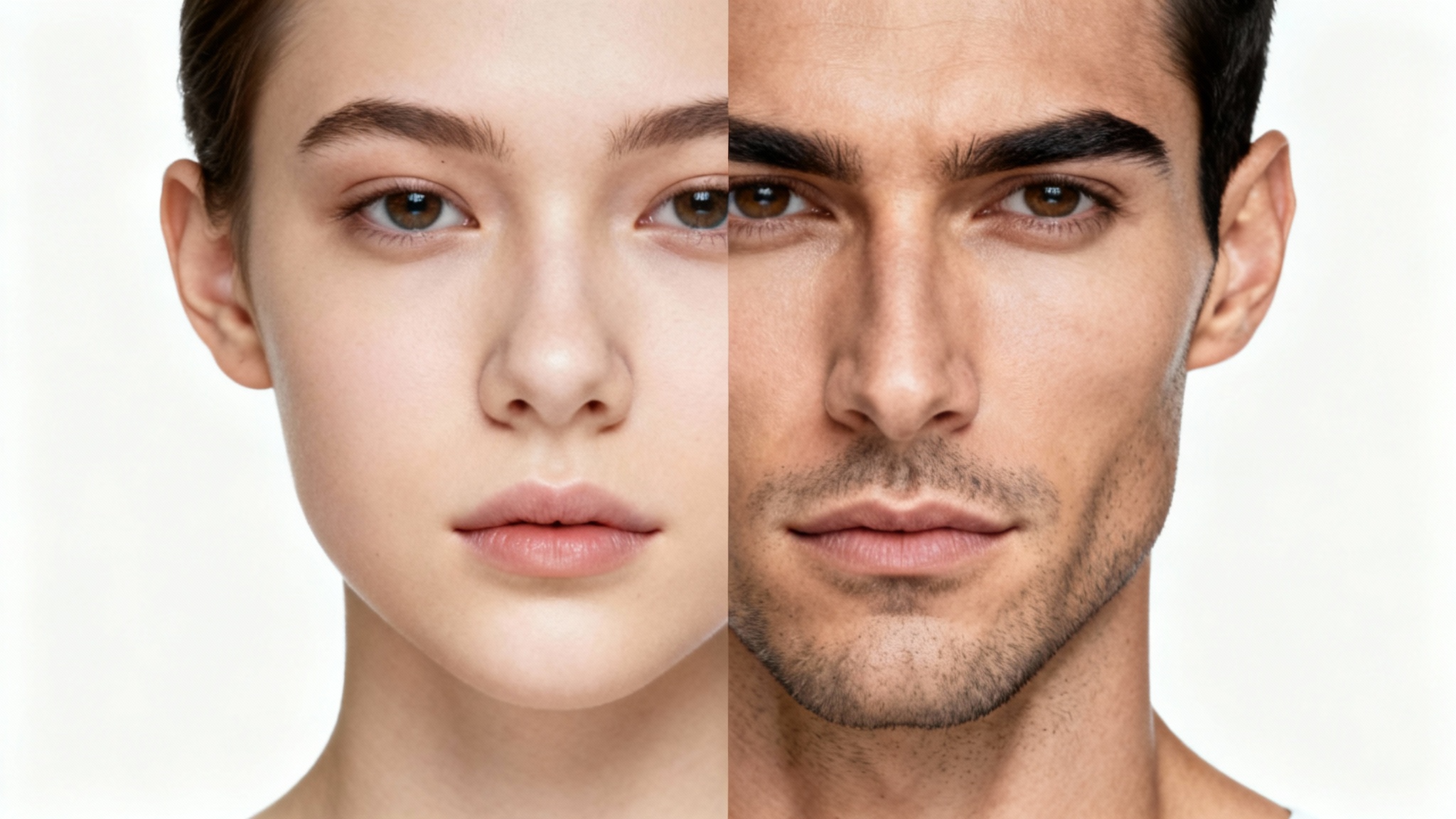 A close-up portrait split in two, demonstrating a face masculinization effect. The left side shows a face with softer features, while the right side shows the same face with a stronger jawline, thicker eyebrow, and light stubble.