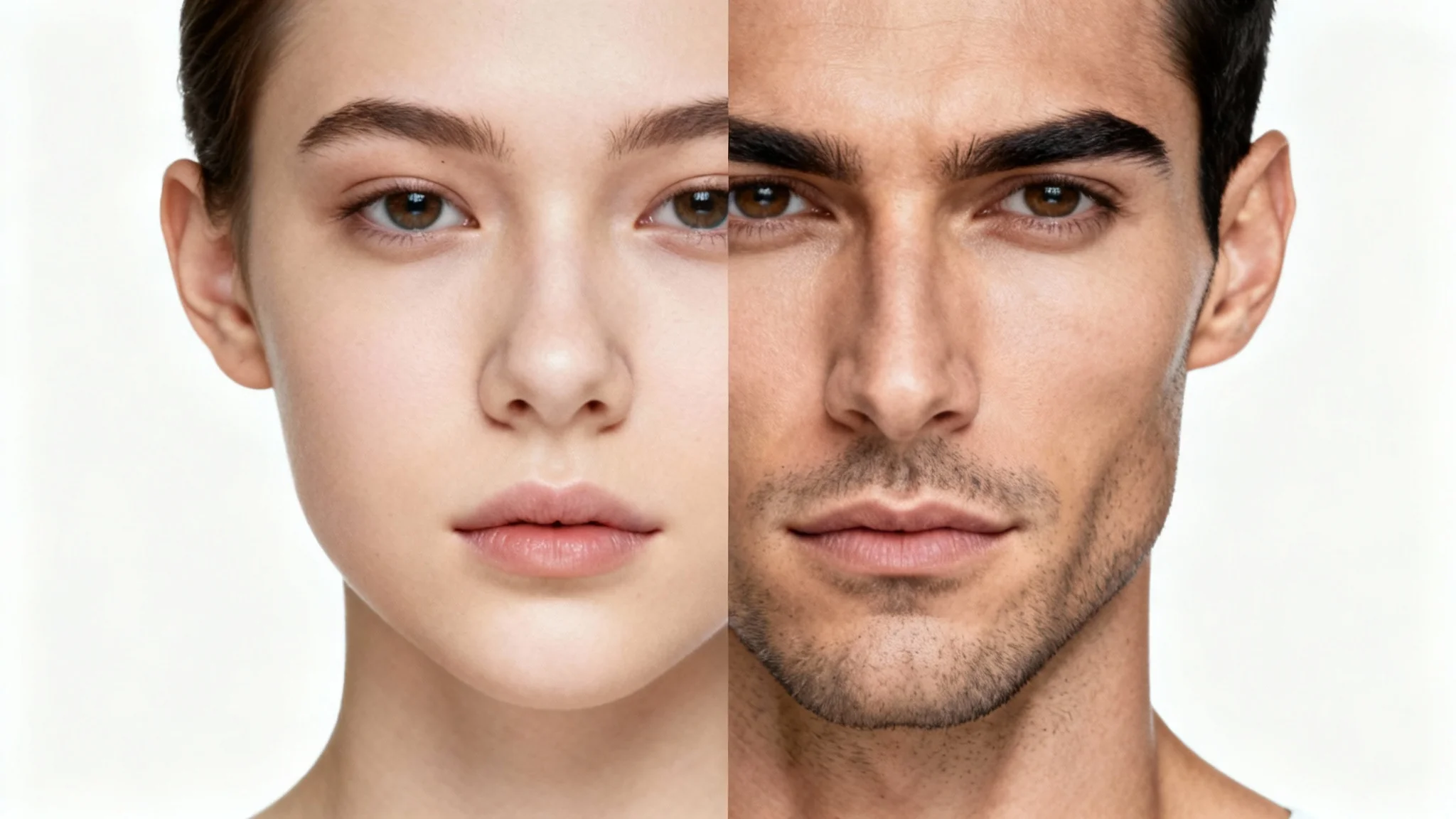 A close-up portrait split in two, demonstrating a face masculinization effect. The left side shows a face with softer features, while the right side shows the same face with a stronger jawline, thicker eyebrow, and light stubble.