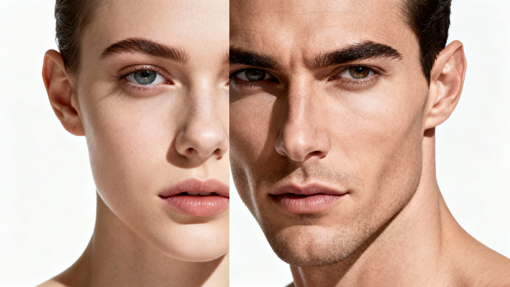 A split-screen portrait demonstrating facial masculinization. The left side shows a face with softer features, while the right side shows the same face with a stronger, more defined jawline and brow.