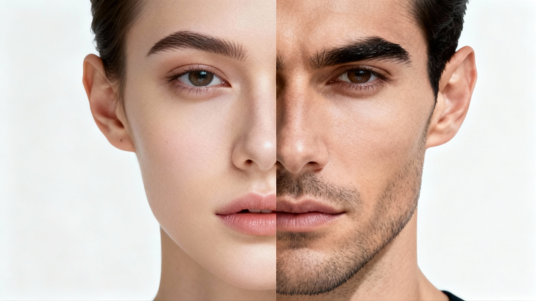 A before-and-after split-screen portrait illustrating the masculinization of a face. The left side shows softer features, while the right side displays a stronger jawline and thicker eyebrows.