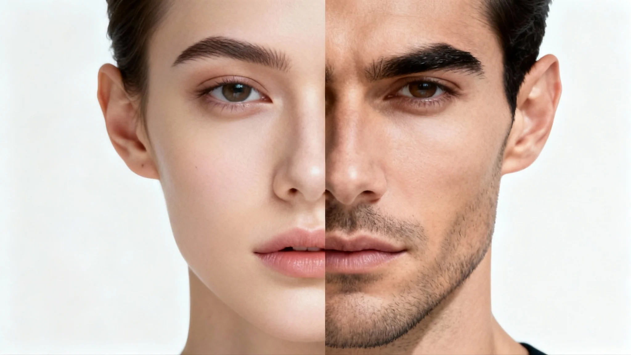 A before-and-after split-screen portrait illustrating the masculinization of a face. The left side shows softer features, while the right side displays a stronger jawline and thicker eyebrows.