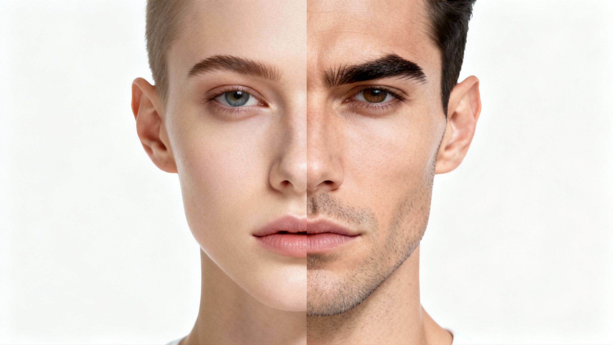 A split-screen, before-and-after image showing a face being masculinized. The left side shows a person with softer features, and the right side shows the same person with a stronger jawline, thicker eyebrows, and subtle stubble.