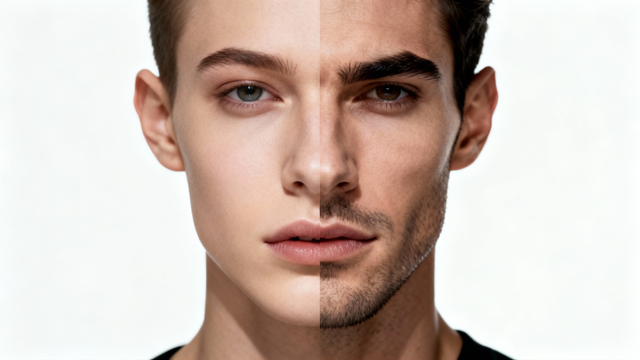 A close-up before-and-after portrait showing a face being masculinized. The left side is softer, while the right side has a stronger jaw, chin, and eyebrow, illustrating the transformation.