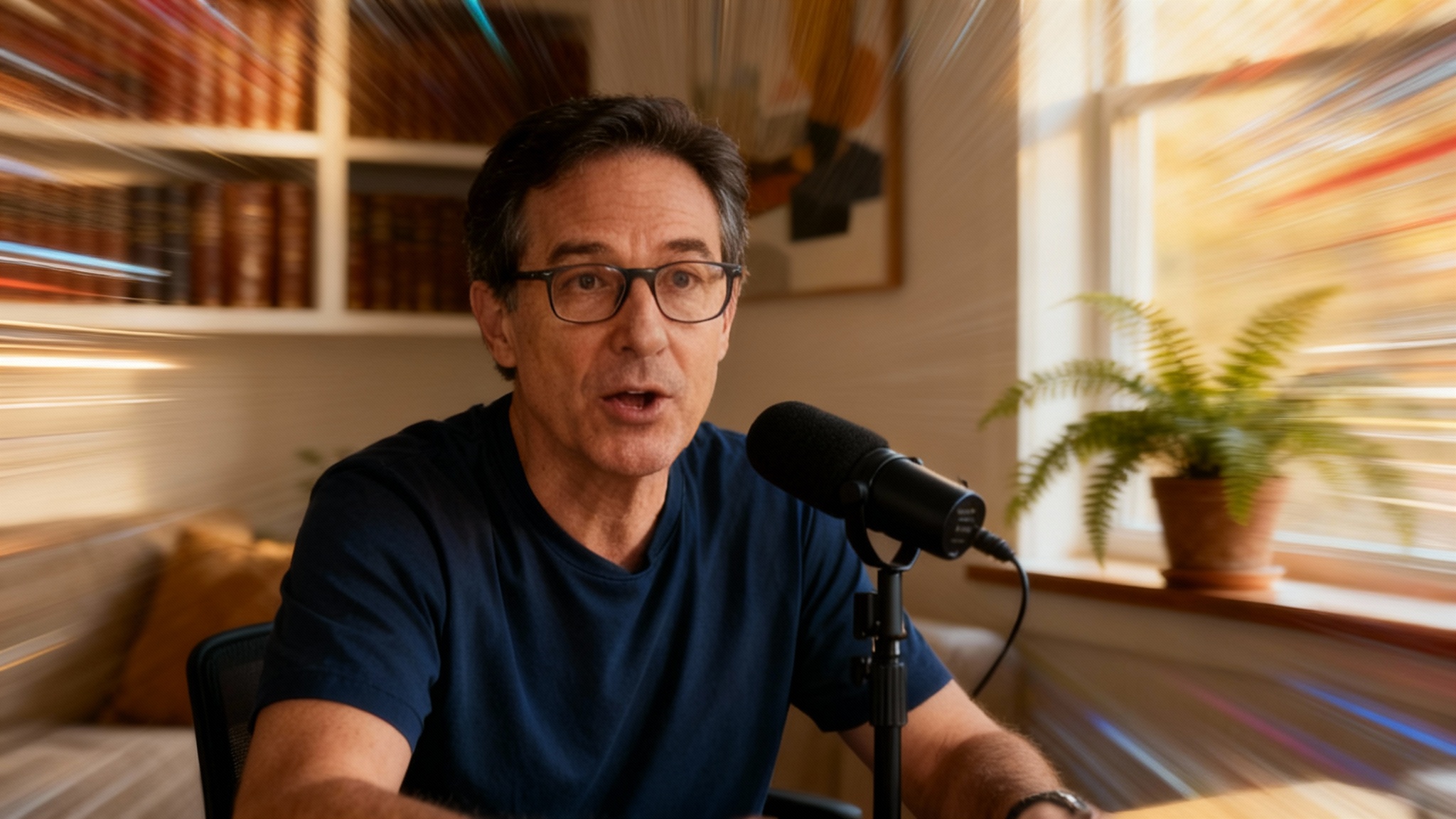 A professional man on a video call is in sharp focus, while the background has a dramatic zoom blur effect with light streaks radiating outwards, creating a sense of motion and intense focus on him.
