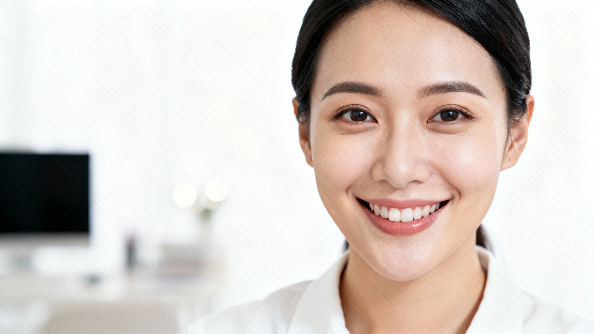 A woman smiling at the camera, her face is in sharp focus while the home office background behind her is completely blurred, demonstrating a blur background effect.