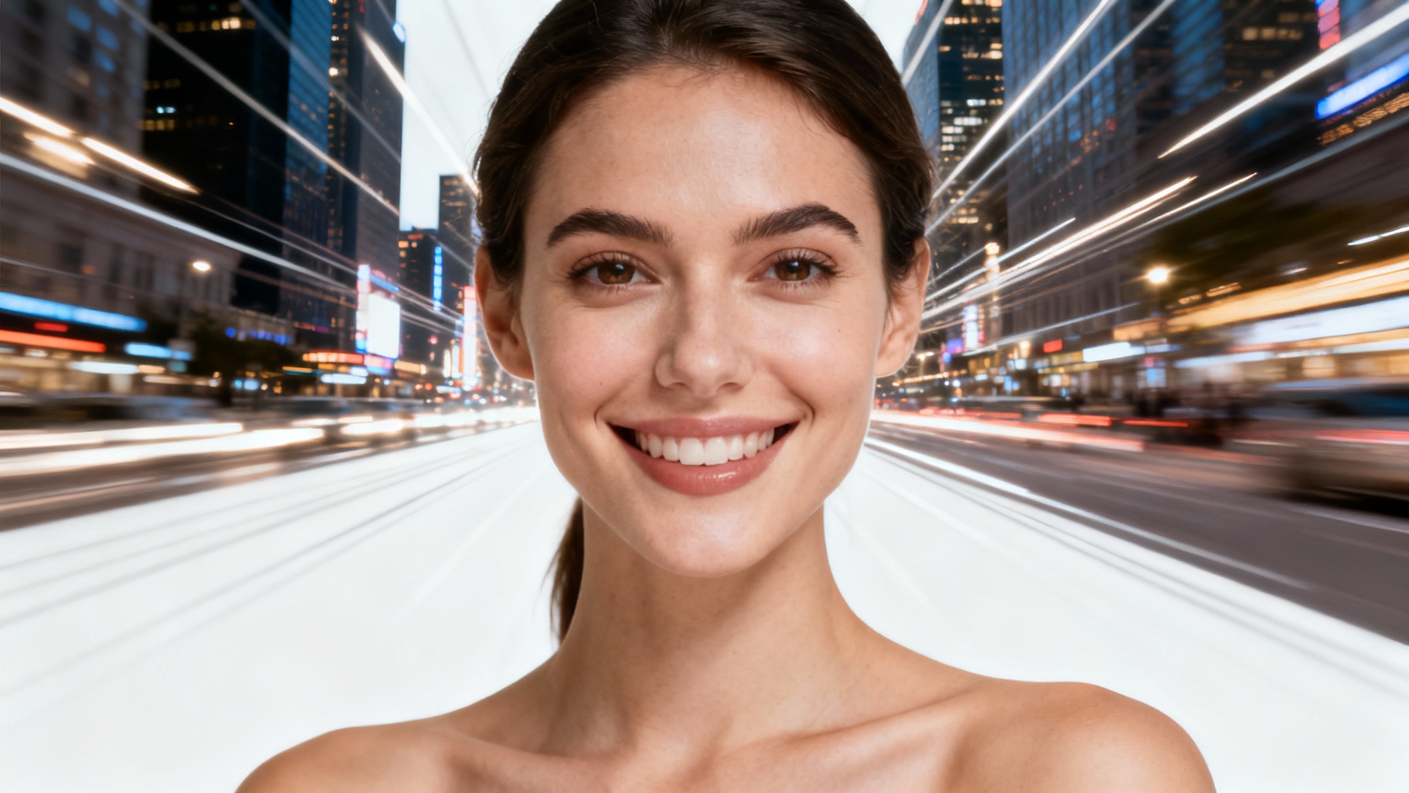 A close-up photo of a woman's face, perfectly in focus, with a city background dramatically blurred using a zoom effect to illustrate a blur background zoom feature.