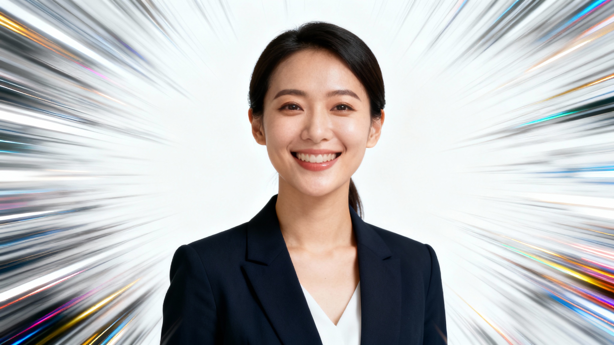 A professional woman's face in sharp focus, while the background behind her has a dramatic zoom blur effect, visually demonstrating a background blur feature.