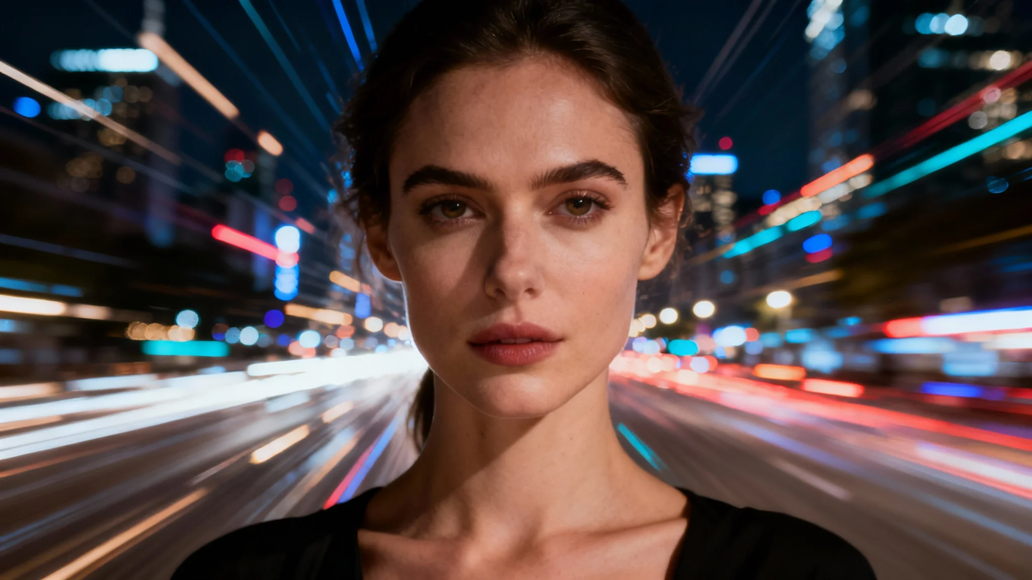 A dramatic photo of a woman's face in sharp focus, with the city lights in the background blurred into streaks, demonstrating a powerful zoom blur effect.