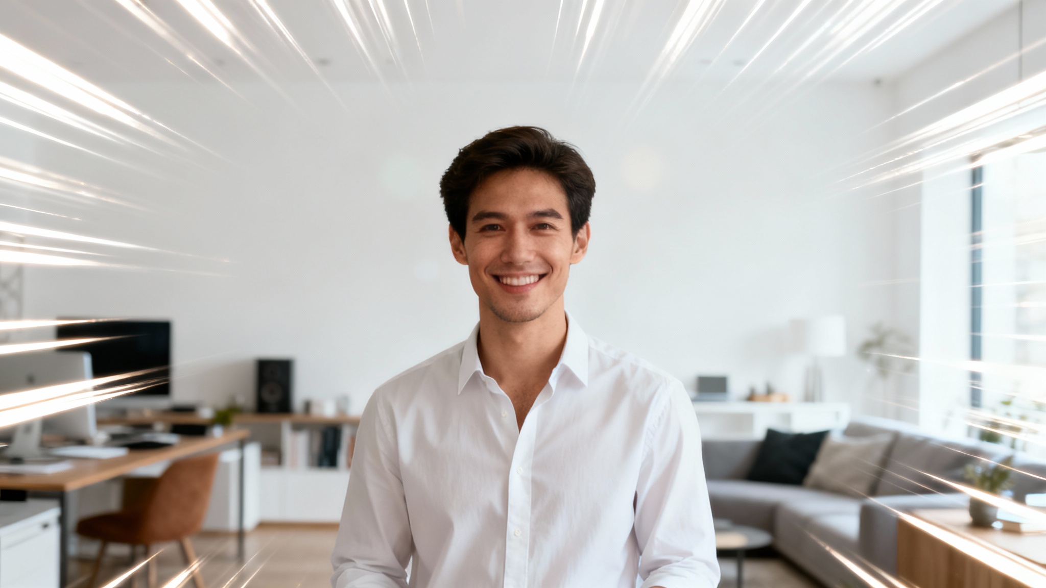 A professional man is in sharp focus, smiling, while the background behind him is blurred with a dynamic zoom effect, illustrating a blur background zoom feature.