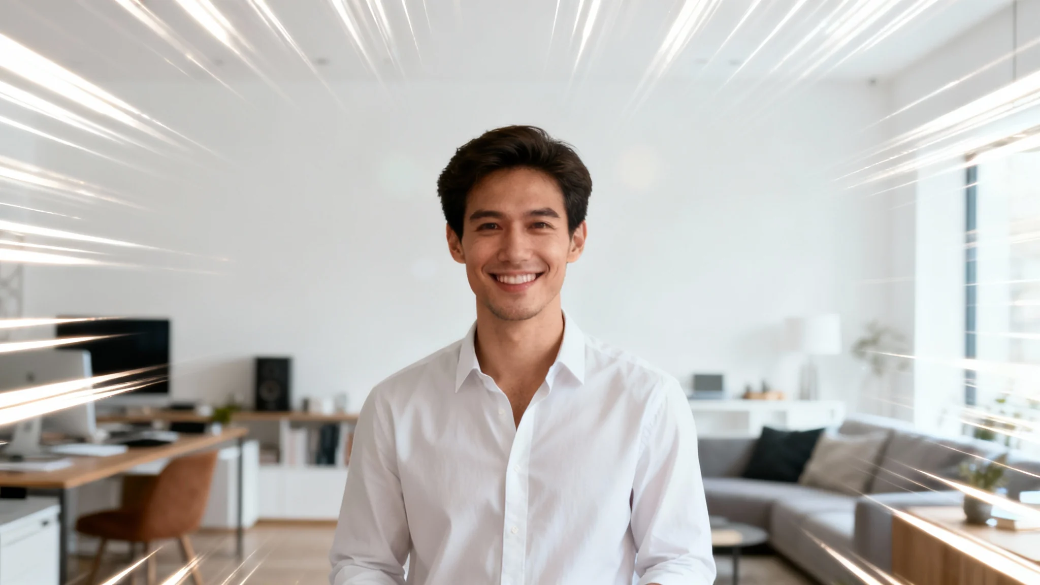 A professional man is in sharp focus, smiling, while the background behind him is blurred with a dynamic zoom effect, illustrating a blur background zoom feature.