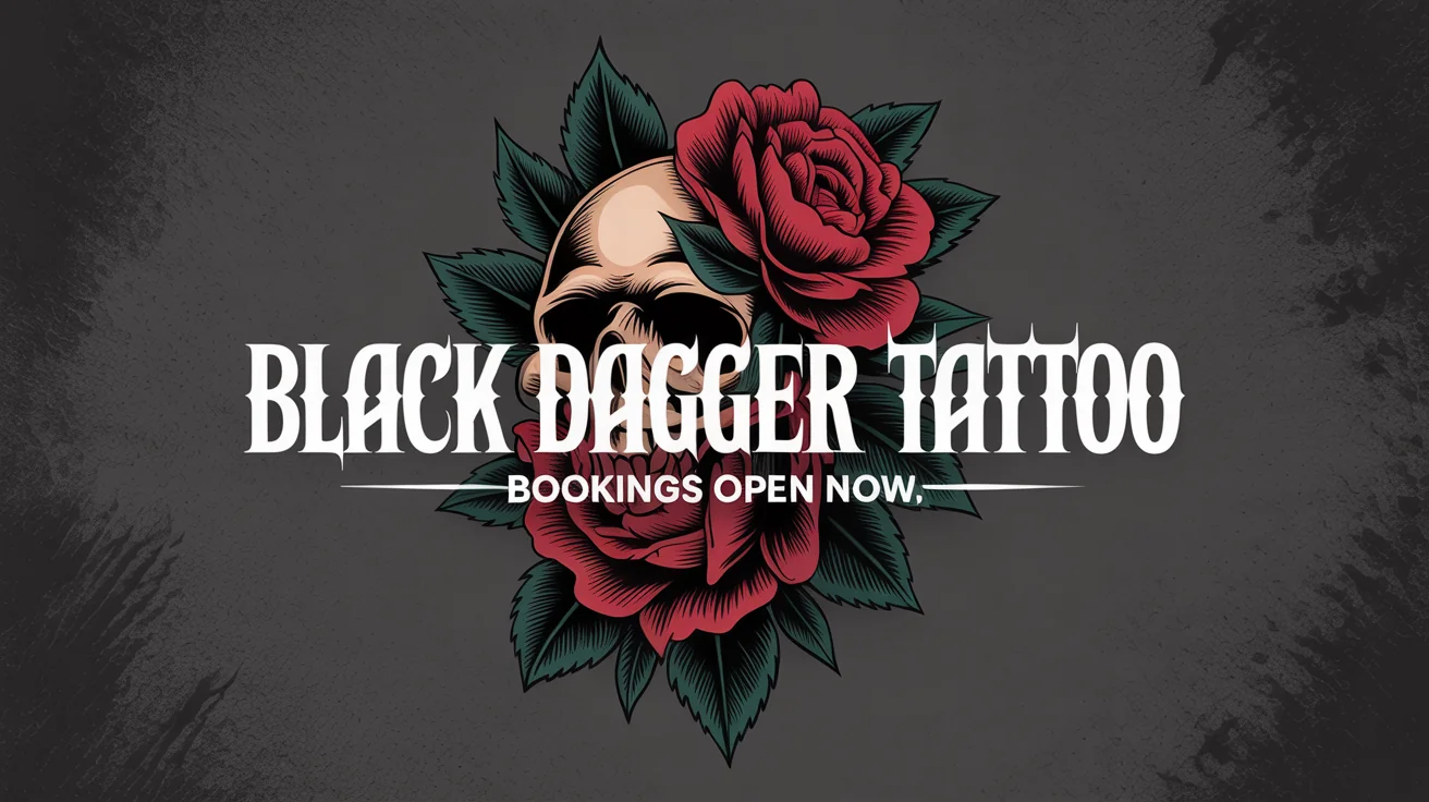 A professionally designed hero banner for a tattoo studio named 'Black Dagger Tattoo', featuring a neo-traditional illustration of a skull and roses on a dark background.