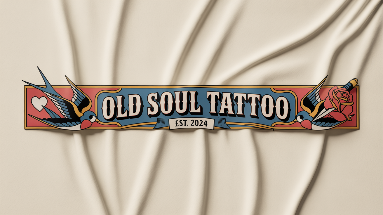 A mockup of a horizontal banner for a tattoo studio named 'Old Soul Tattoo', featuring American Traditional style art of a swallow and a rose with a dagger on an off-white background.