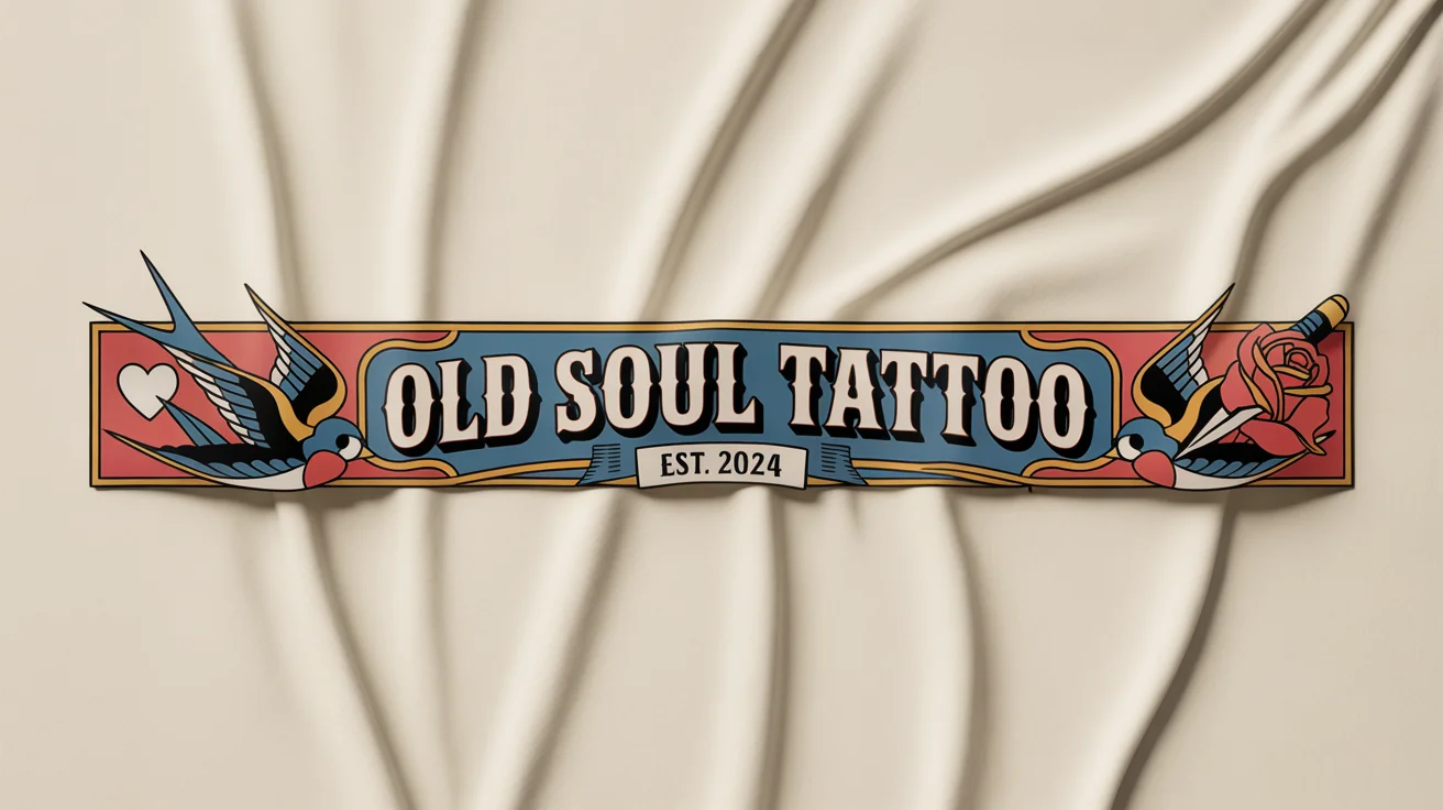 A mockup of a horizontal banner for a tattoo studio named 'Old Soul Tattoo', featuring American Traditional style art of a swallow and a rose with a dagger on an off-white background.