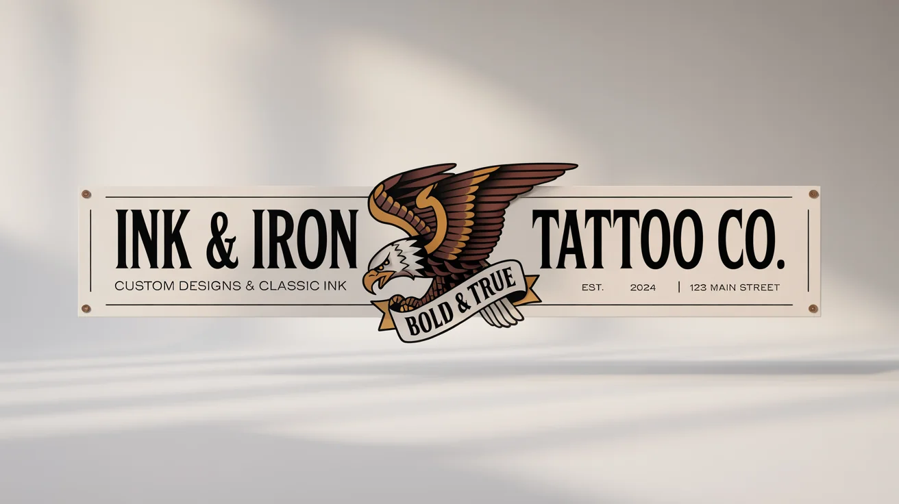 A professional mockup of a horizontal banner for 'Ink & Iron Tattoo Co.', featuring a neo-traditional eagle design on a white background.