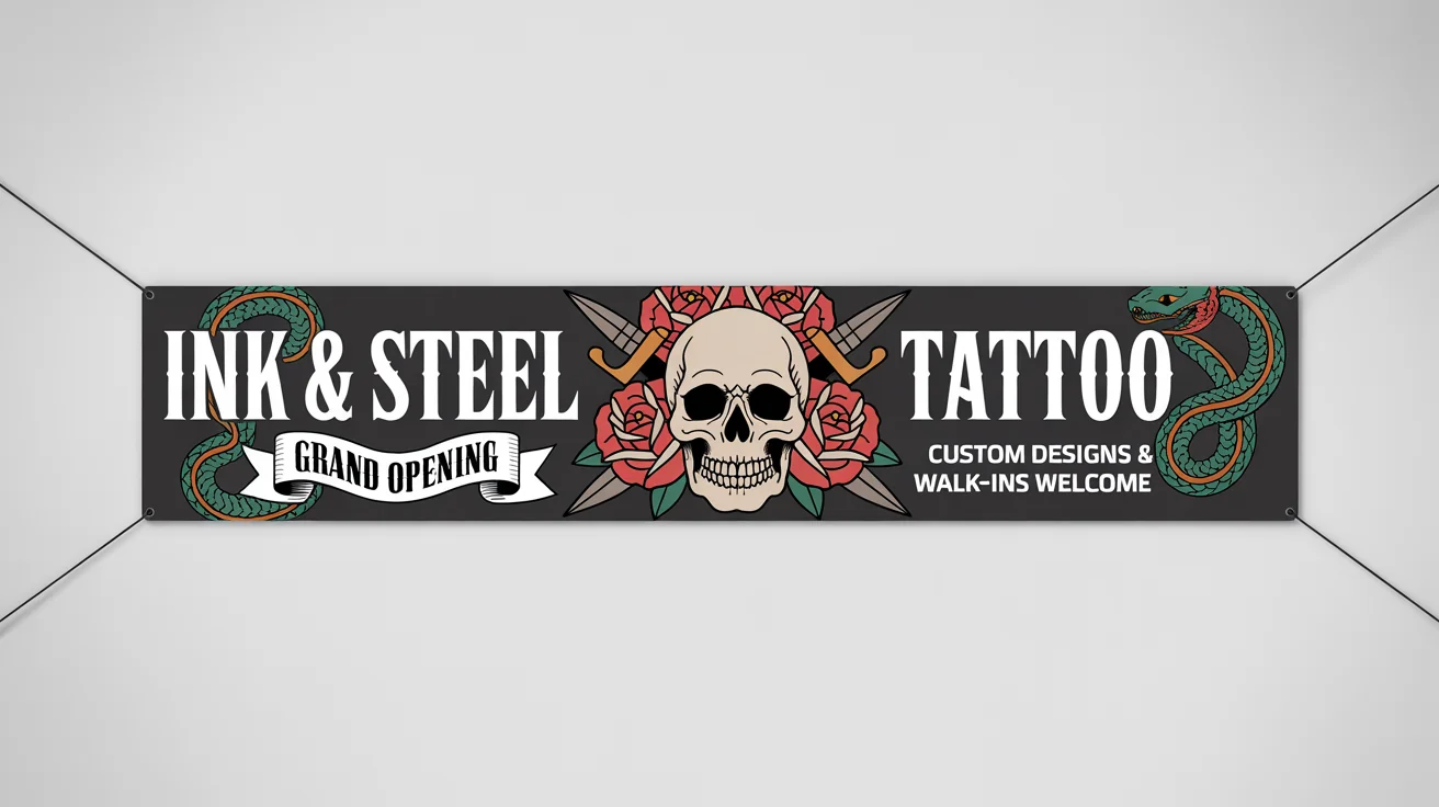 A professional mockup of a horizontal banner for a tattoo shop named 'Ink & Steel Tattoo'. The design features an American traditional illustration of a skull, red roses, and daggers, set against a dark background with the text 'Grand Opening'.