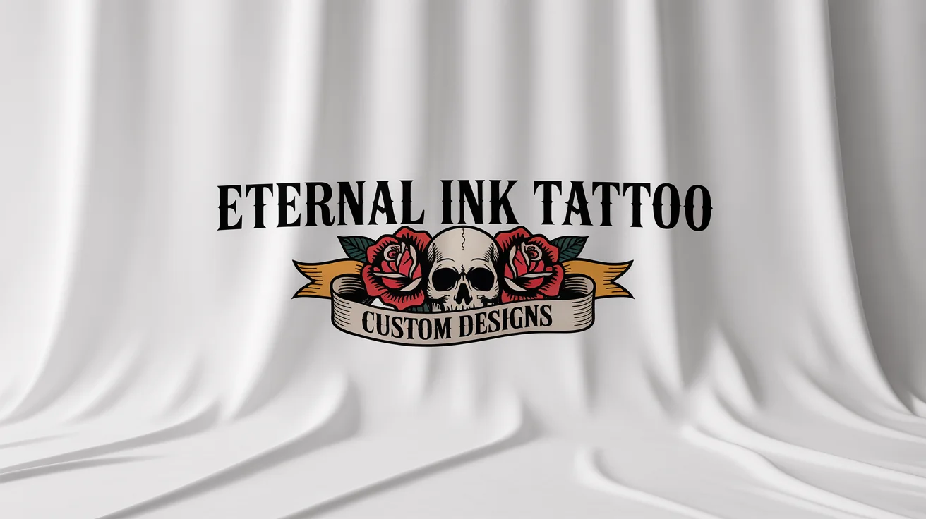 A banner mockup for a tattoo studio named 'Eternal Ink Tattoo'. The design is in a traditional style, featuring a skull and red roses, with the text 'Custom Designs' on a ribbon below.
