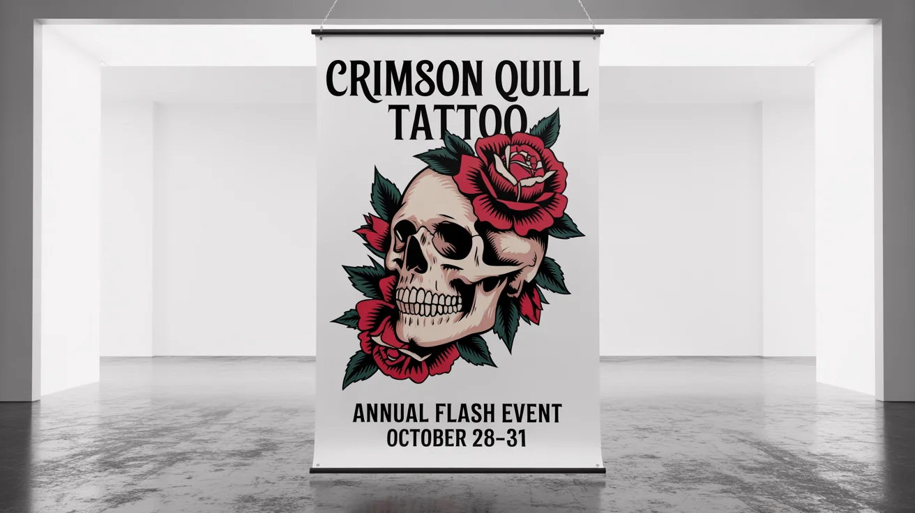 A neo-traditional tattoo banner for 'Crimson Quill Tattoo' against a white background, advertising an 'Annual Flash Event' from October 28-31, featuring a central illustration of a skull and red roses.