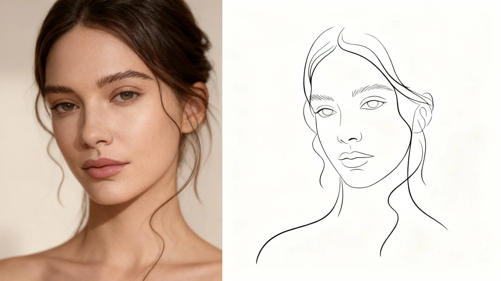 A before-and-after hero image showing a face outline tool's result. On the left is a photograph of a woman, and on the right is a minimalist black line drawing that perfectly captures her features.