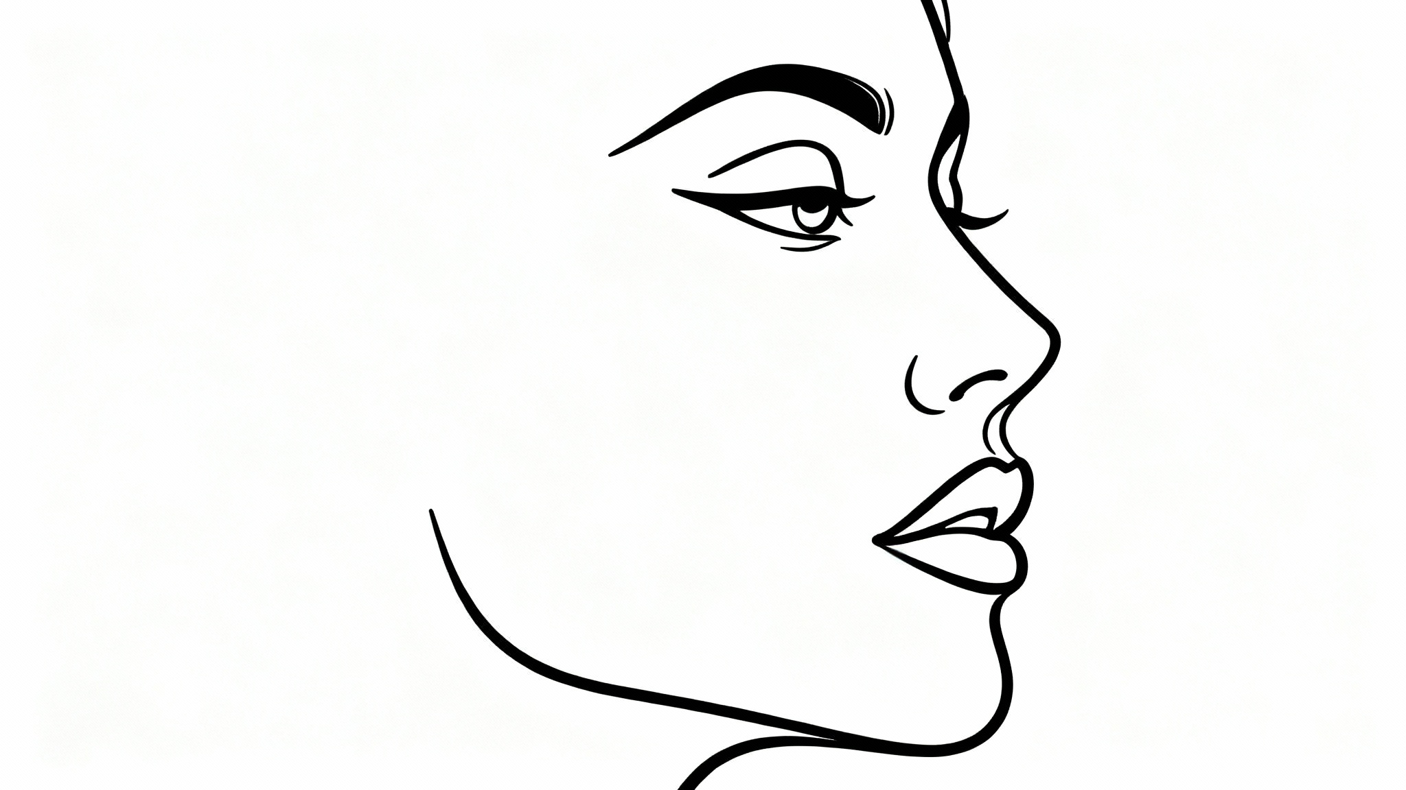 A minimalist black and white outline drawing of a woman's face in profile, created with a single continuous line.
