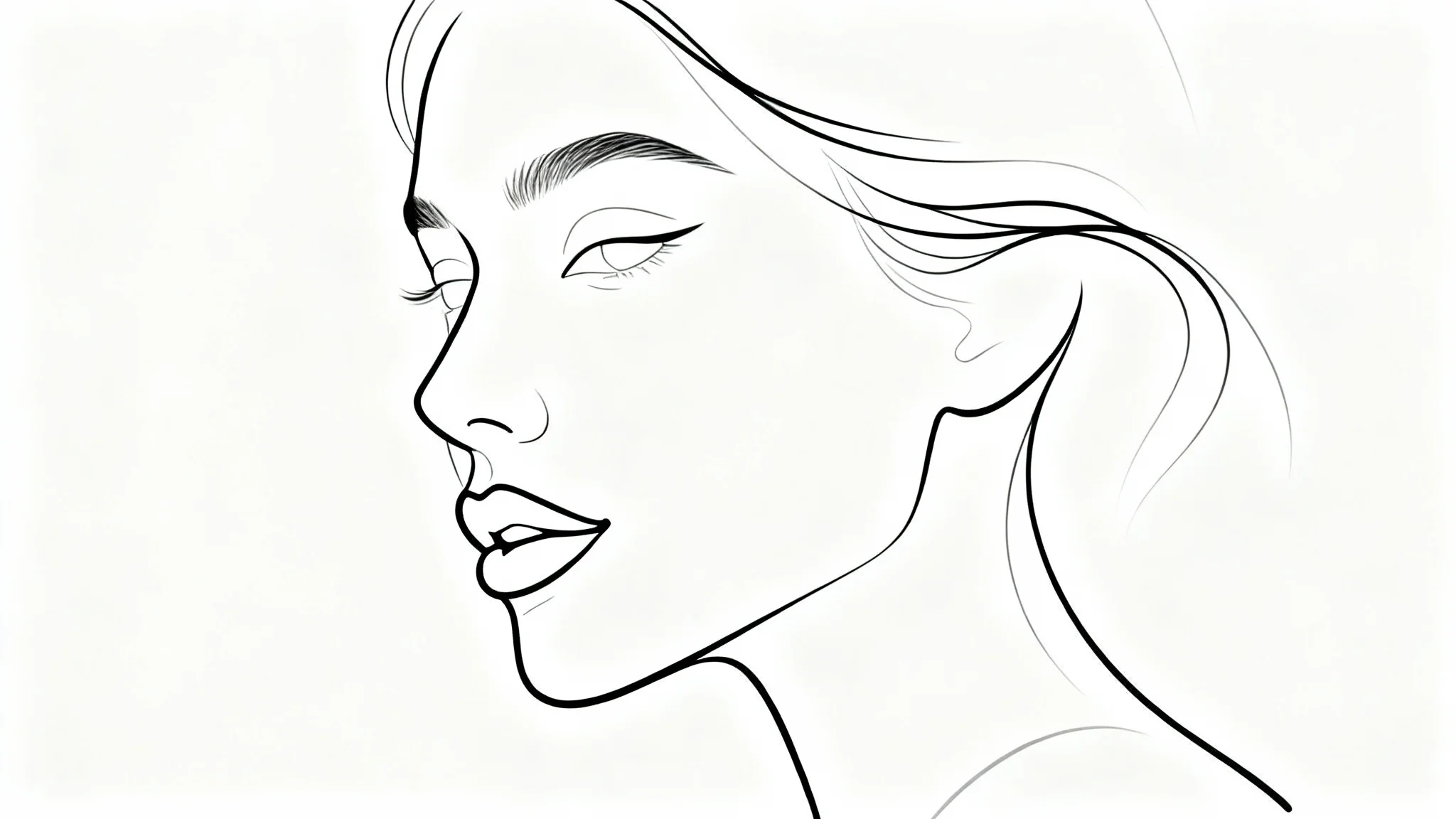 A minimalist single-line outline drawing of a woman's face, rendered in a single continuous black line on a plain white background.