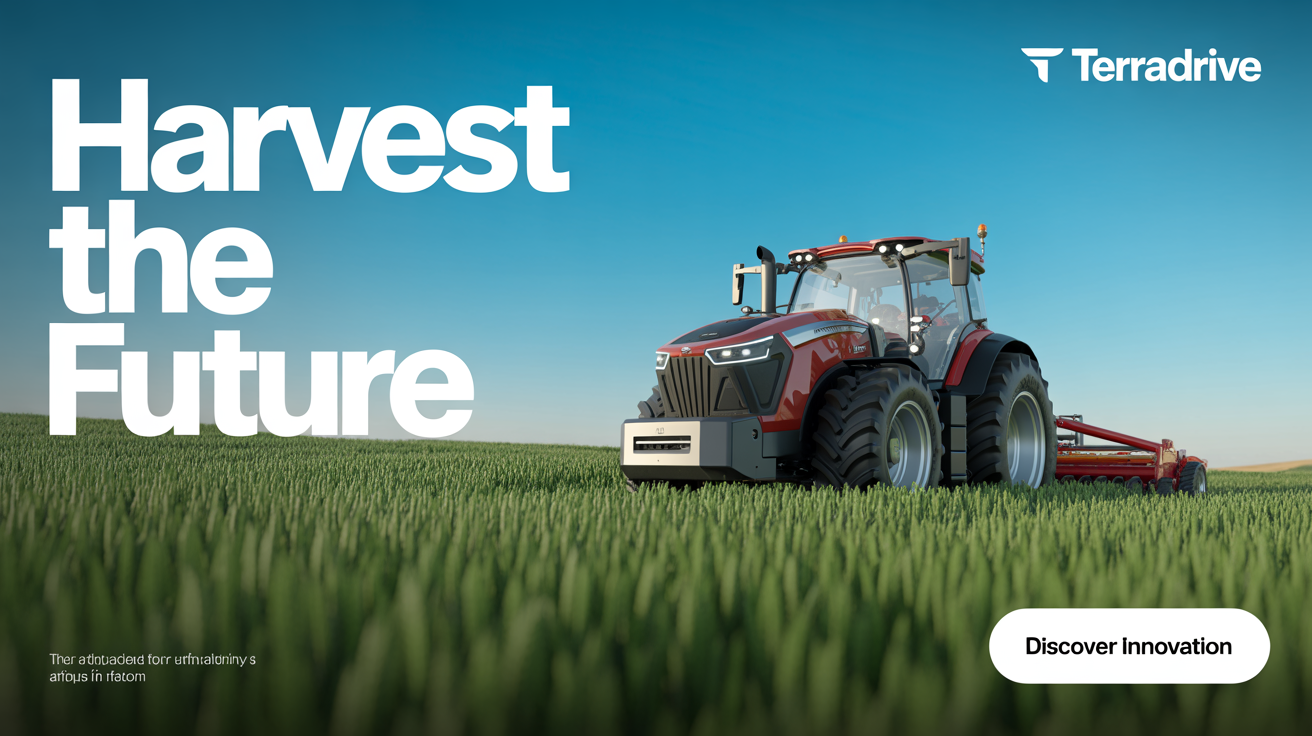 A polished agricultural machinery banner showing a modern red tractor in a field. Text on the banner reads 'Harvest the Future' with a call-to-action button 'Discover Innovation'.