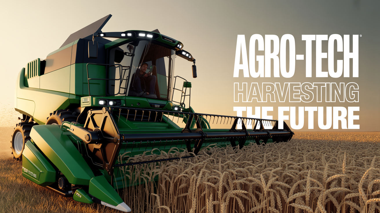 A promotional banner for AGRO-TECH agricultural machinery, showing a modern green combine harvester at work in a golden wheat field during a beautiful sunset, with the text 'AGRO-TECH: Harvesting the Future'.