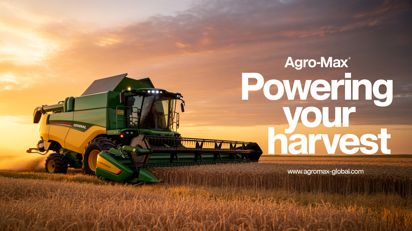 A marketing banner for 'AGRO-MAX' agricultural machinery, featuring a modern green and yellow combine harvester in a wheat field at sunset with the slogan 'Powering Your Harvest'.